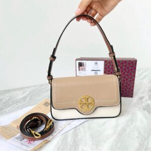 Tory Burch Eleanor Style Two-Tone Leather Crossbody Bag – Beige & Black